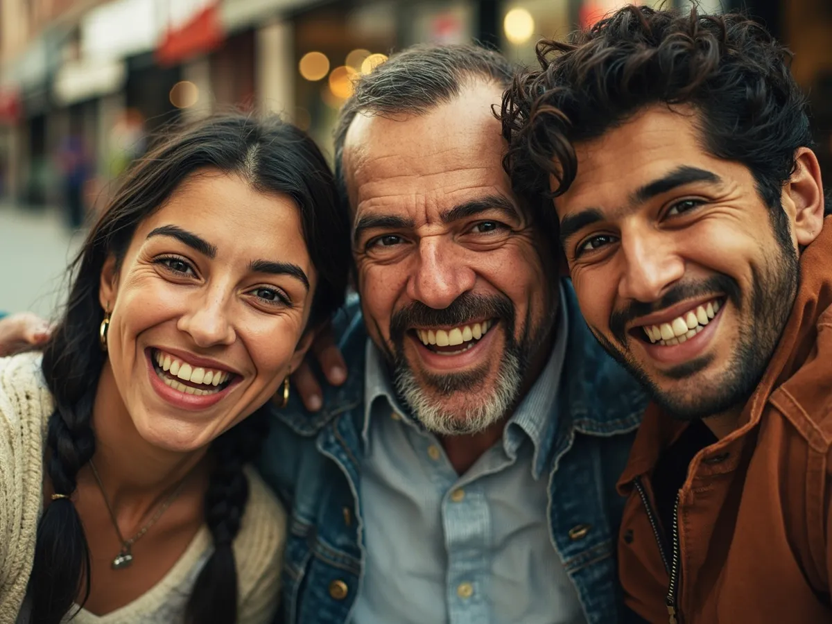 Computer-generated image: three friends laughing together in a group photo on a quest day out
