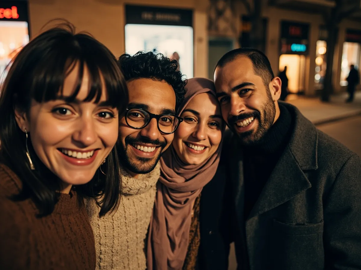 Computer-generated image: four friends laughing together in a group photo on a quest day out