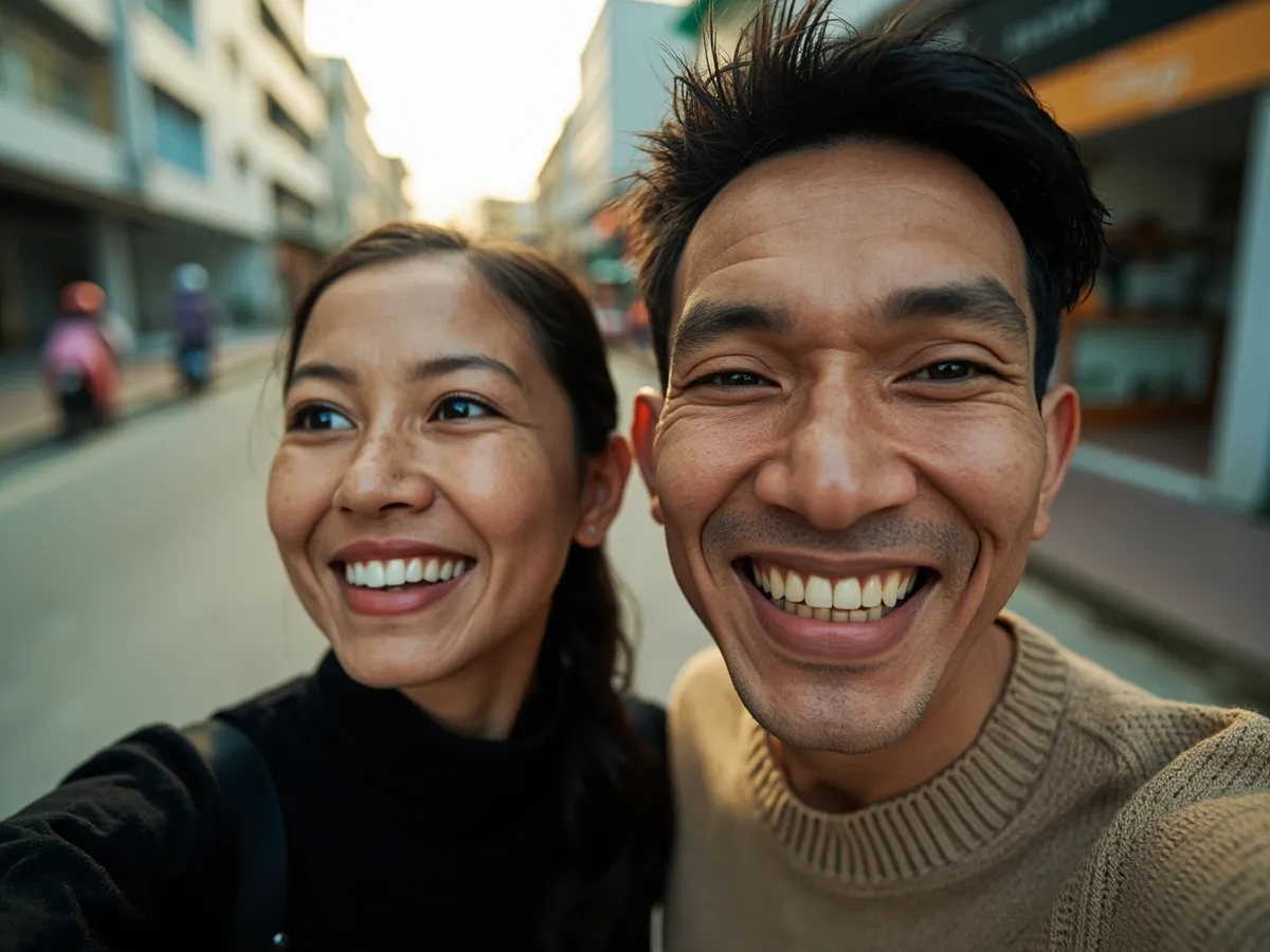 Computer-generated image: two friends laughing together in a group photo on a quest day out