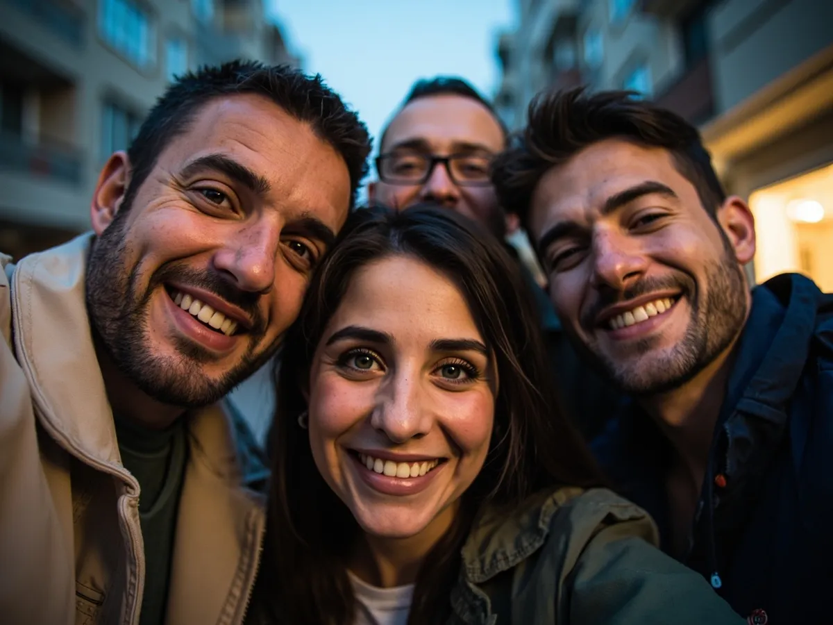 Computer-generated image: four friends laughing together in a group photo on a quest day out