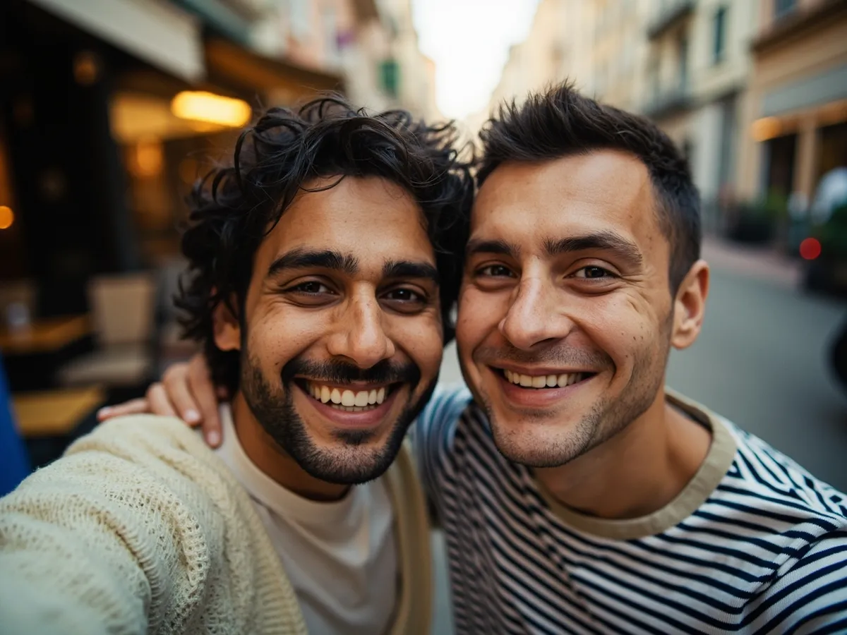 Computer-generated image: two friends laughing together in a group photo on a quest day out