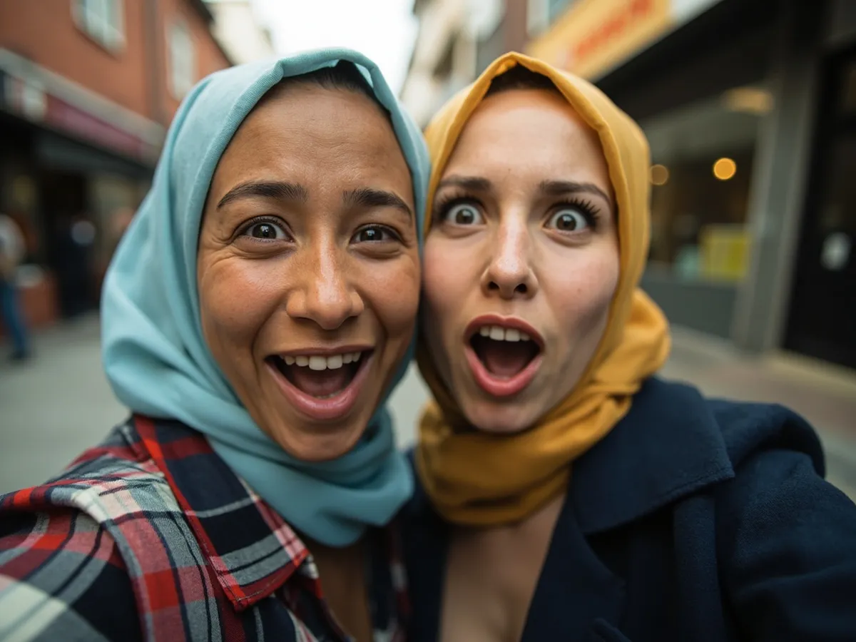 Computer-generated image: two friends laughing together in a group photo on a quest day out