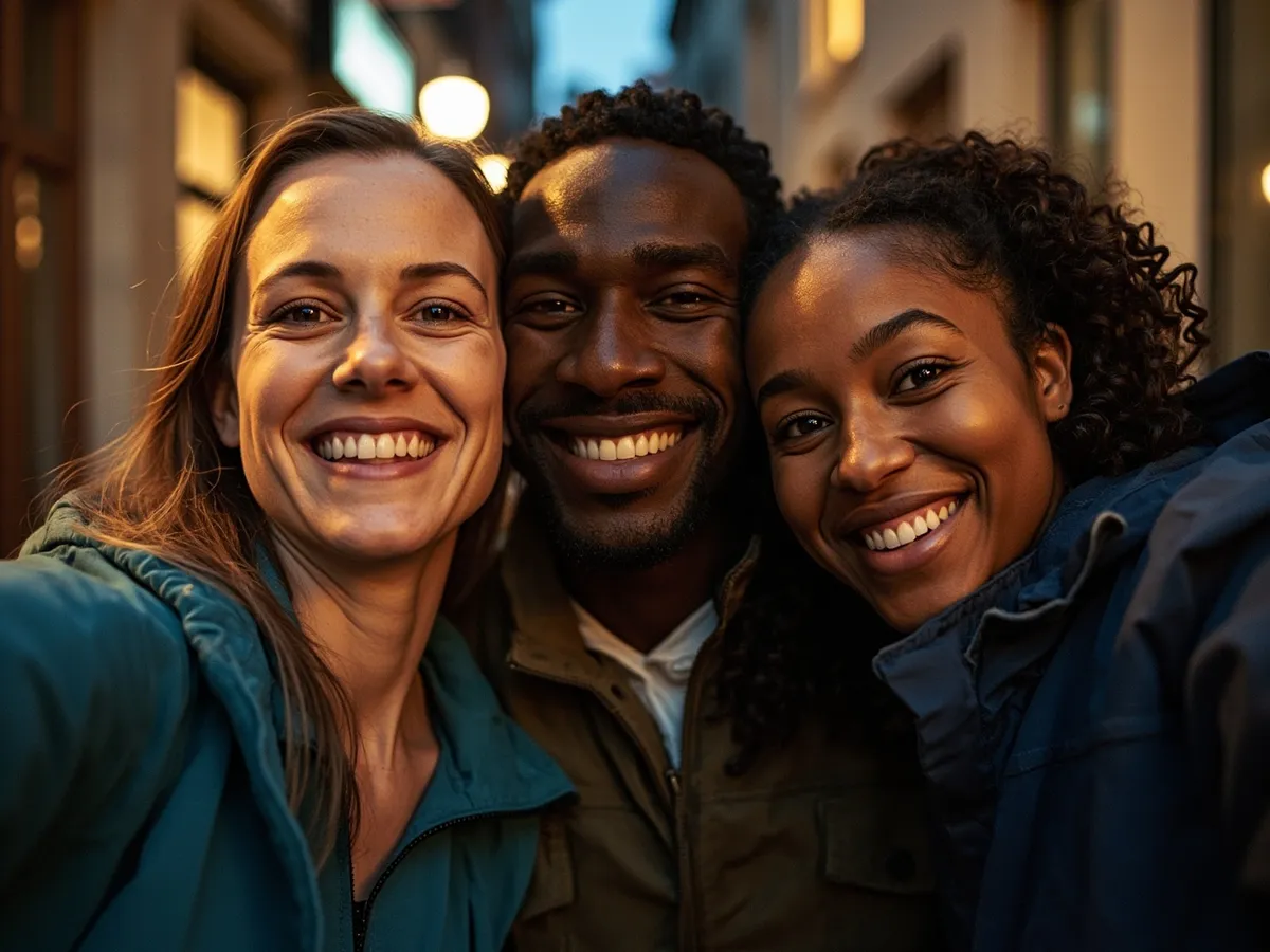 Computer-generated image: three friends laughing together in a group photo on a quest day out