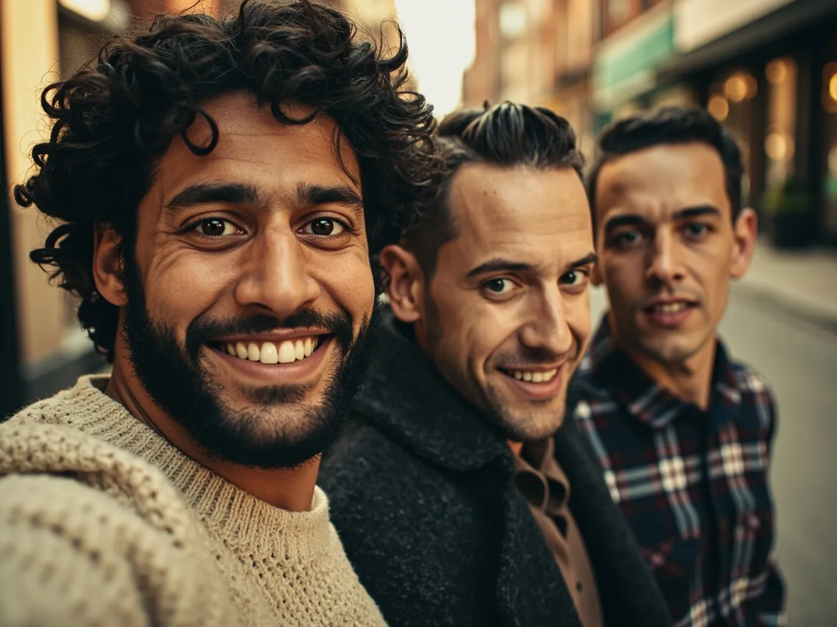 Computer-generated image: three friends laughing together in a group photo on a quest day out