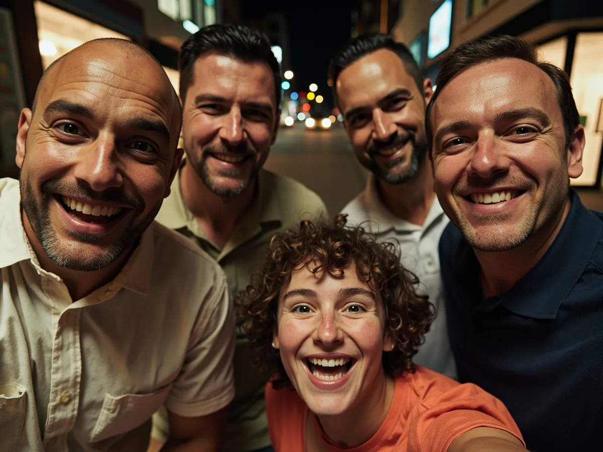 AI-generated illustration: four friends laughing together in a group photo on a quest day out