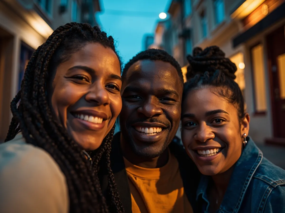 Computer-generated image: three friends laughing together in a group photo on a quest day out