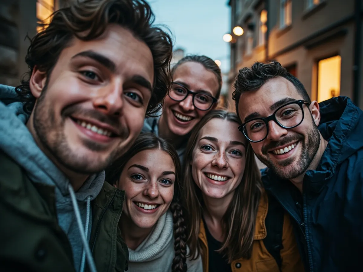 Computer-generated image: four friends laughing together in a group photo on a quest day out