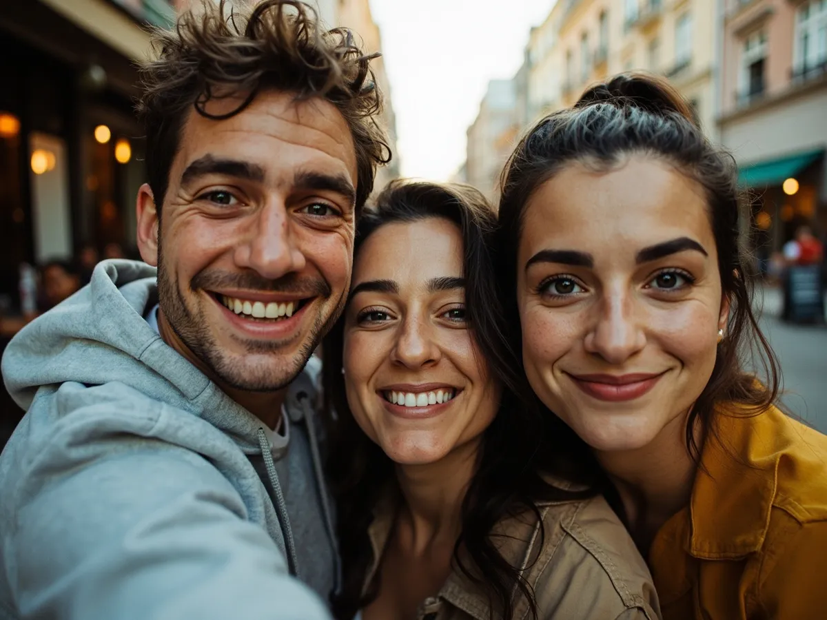 Computer-generated image: three friends laughing together in a group photo on a quest day out