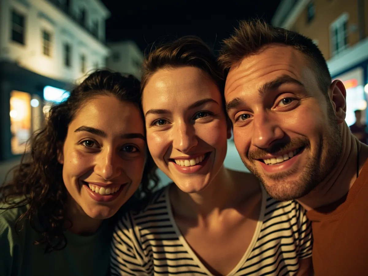Computer-generated image: three friends laughing together in a group photo on a quest day out