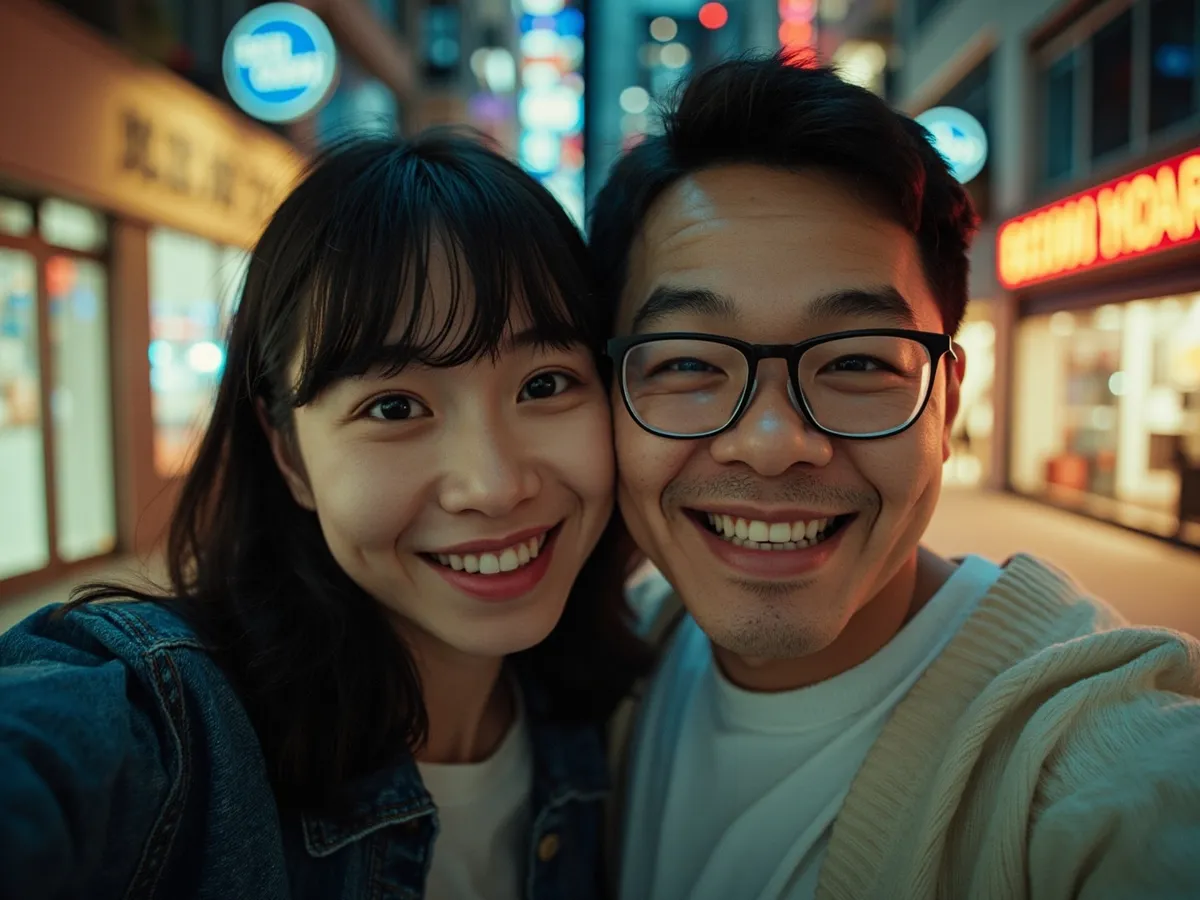Computer-generated image: two friends laughing together in a group photo on a quest day out