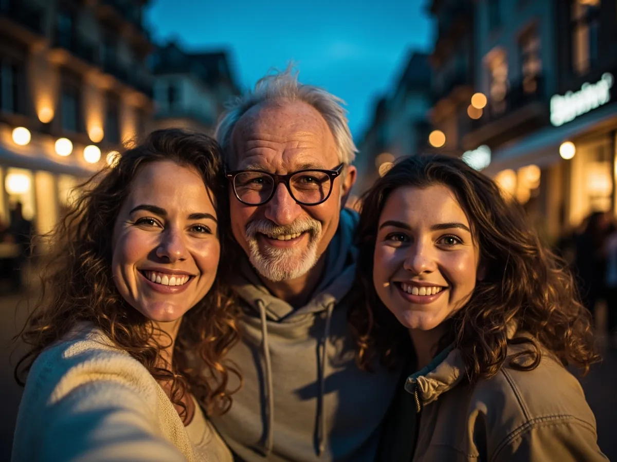 Computer-generated image: three friends laughing together in a group photo on a quest day out
