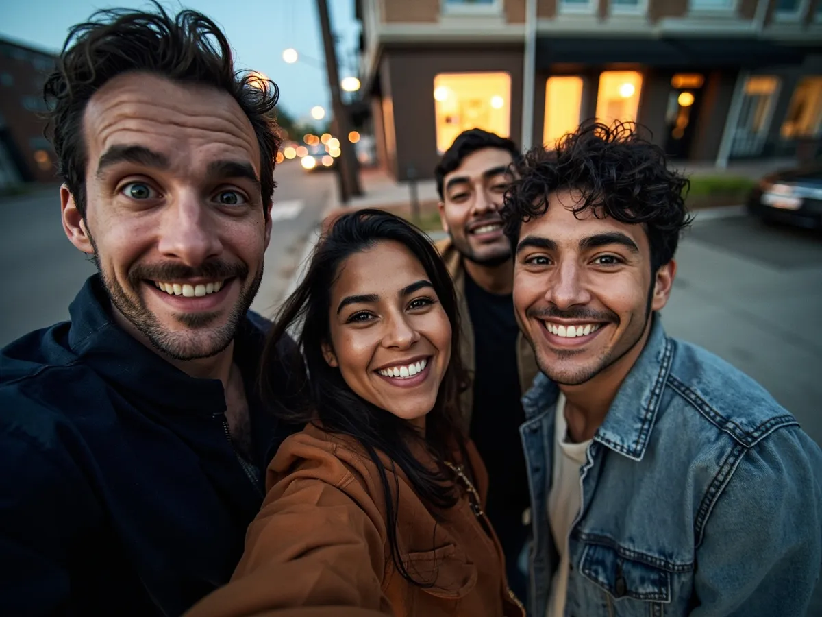 Computer-generated image: four friends laughing together in a group photo on a quest day out
