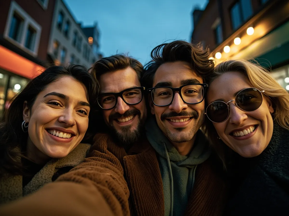Computer-generated image: four friends laughing together in a group photo on a quest day out
