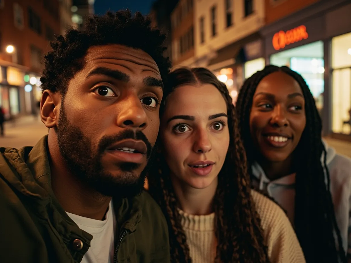 Computer-generated image: three friends laughing together in a group photo on a quest day out