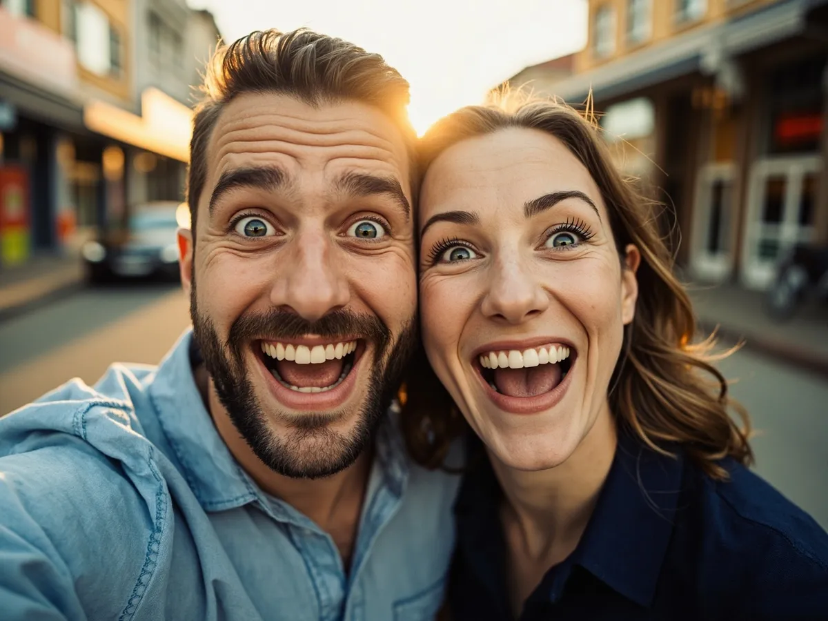 Computer-generated image: two friends laughing together in a group photo on a quest day out