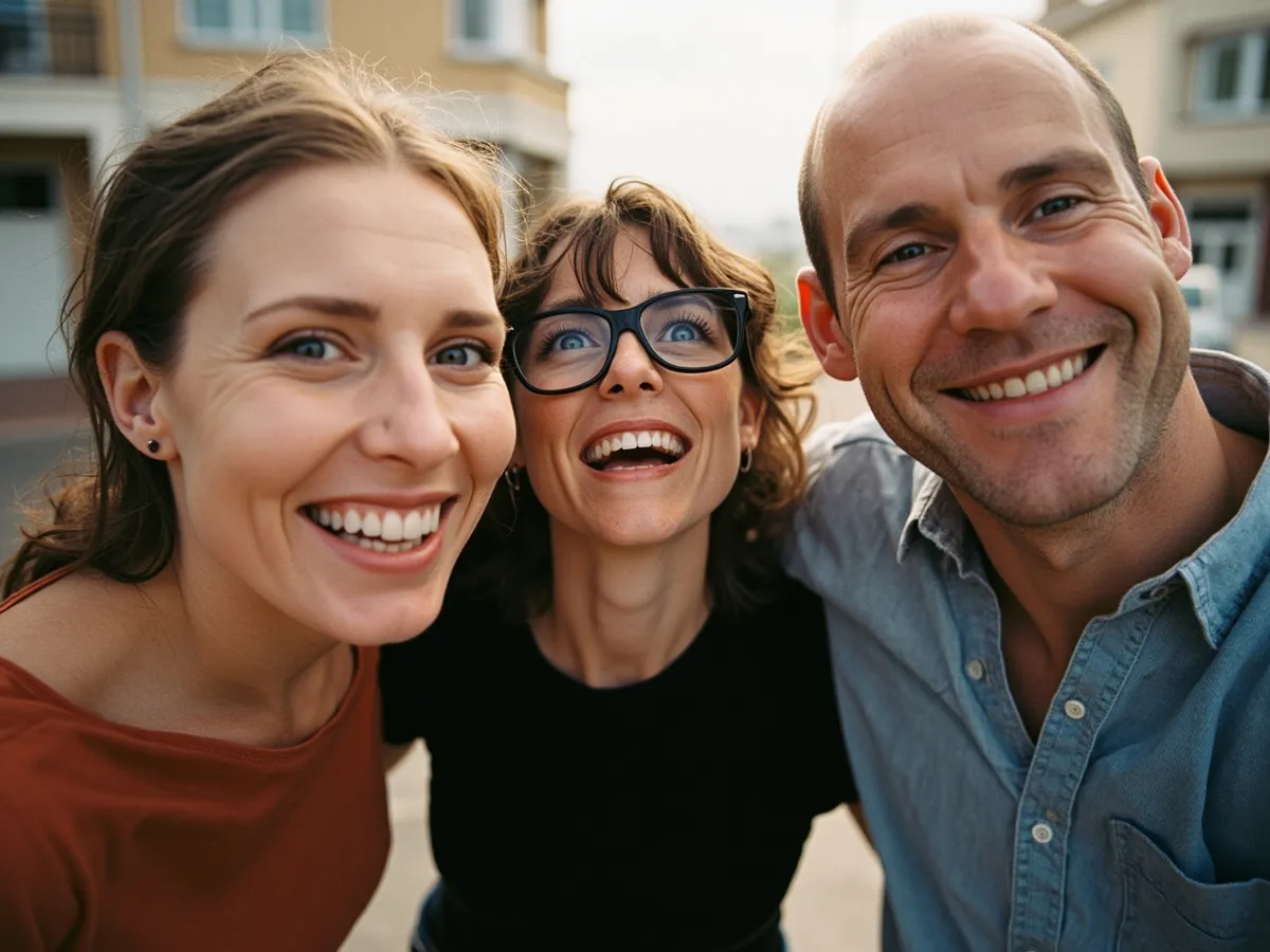 Computer-generated image: three friends laughing together in a group photo on a quest day out