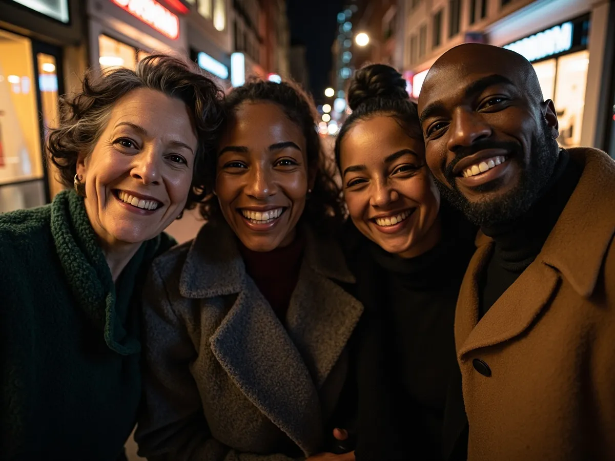 Computer-generated image: four friends laughing together in a group photo on a quest day out