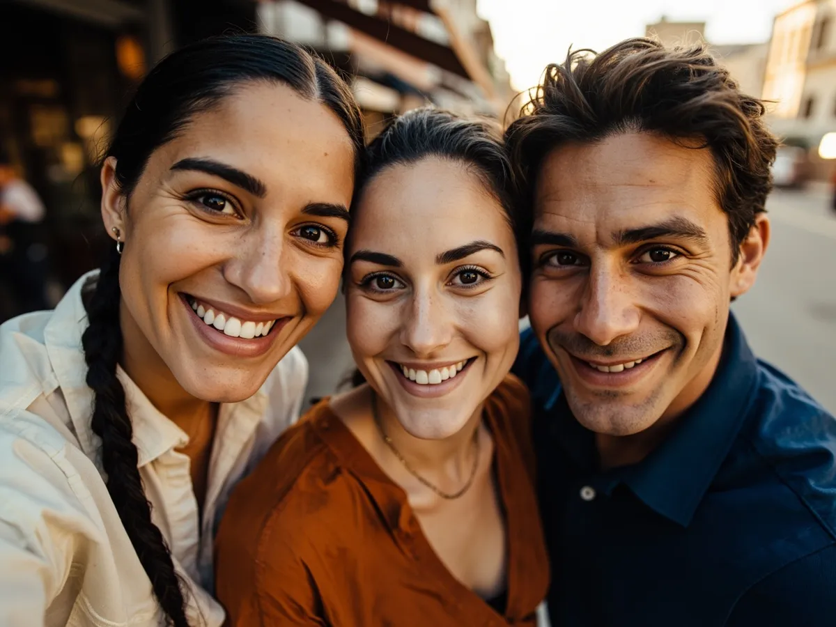 Computer-generated image: three friends laughing together in a group photo on a quest day out