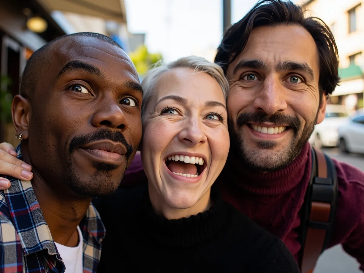 Computer-generated image: three friends laughing together in a group photo on a quest day out