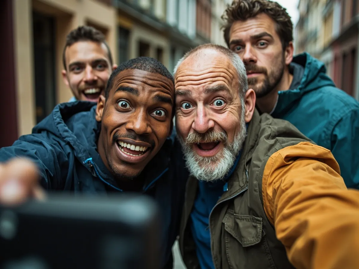 Computer-generated image: four friends laughing together in a group photo on a quest day out