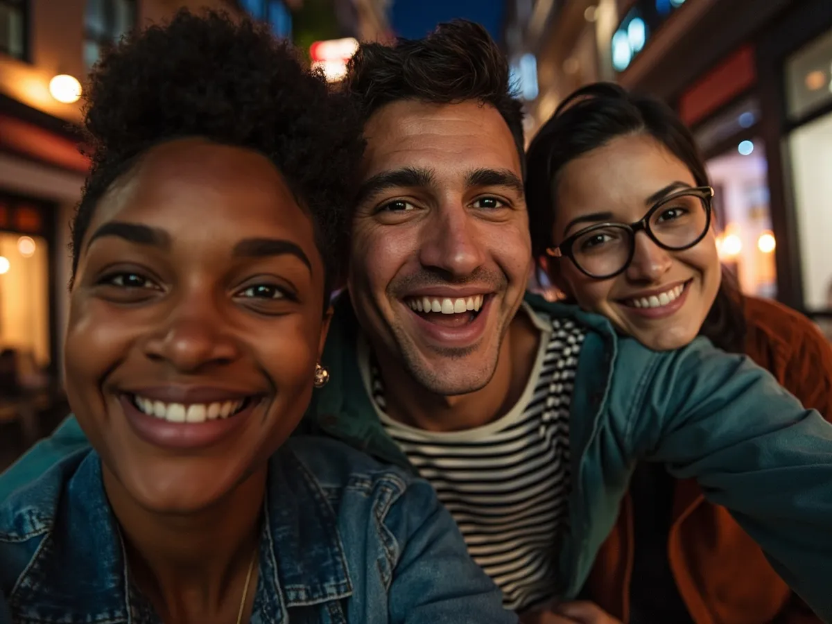 Computer-generated image: four friends laughing together in a group photo on a quest day out