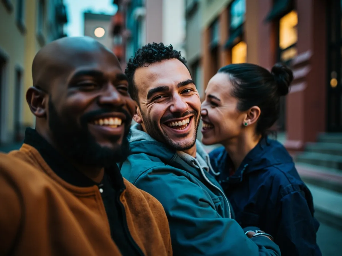 Computer-generated image: three friends laughing together in a group photo on a quest day out