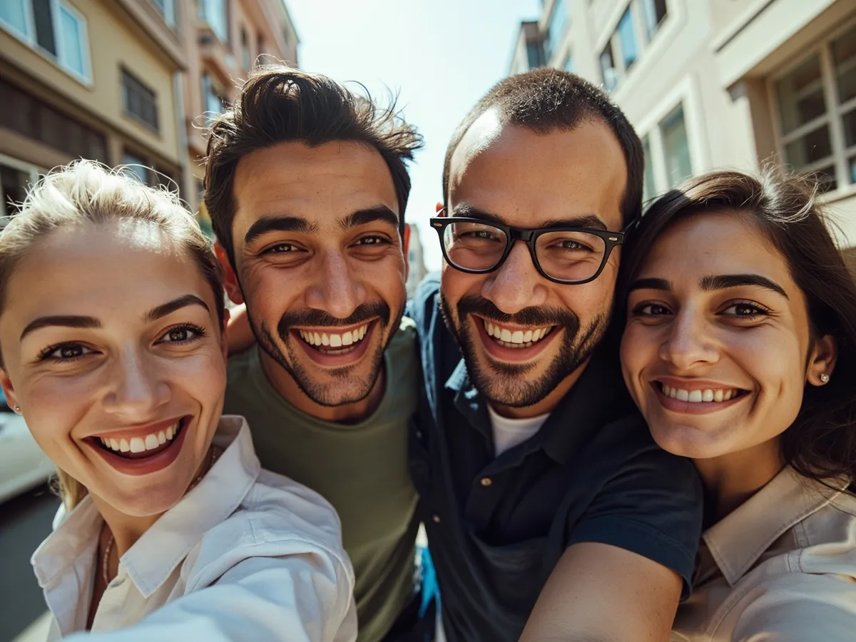 Computer-generated image: four friends laughing together in a group photo on a quest day out