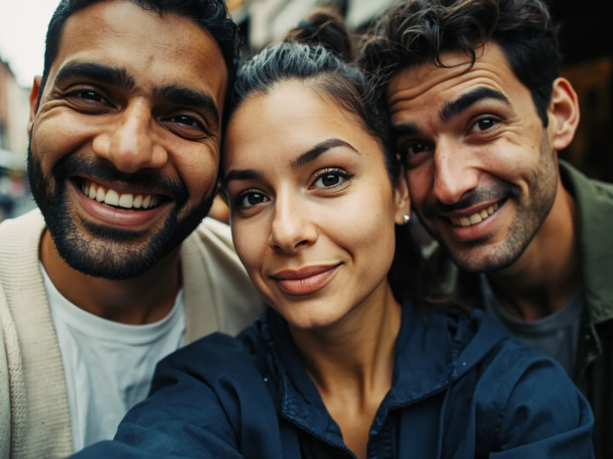 Computer-generated image: three friends laughing together in a group photo on a quest day out