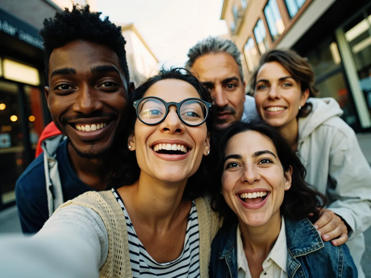 Computer-generated image: four friends laughing together in a group photo on a quest day out