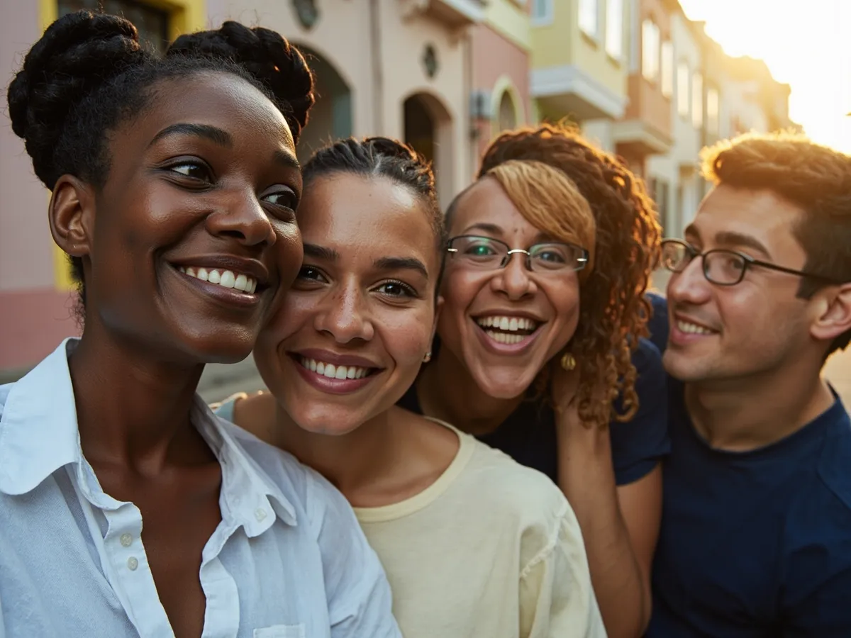 Computer-generated image: four friends laughing together in a group photo on a quest day out