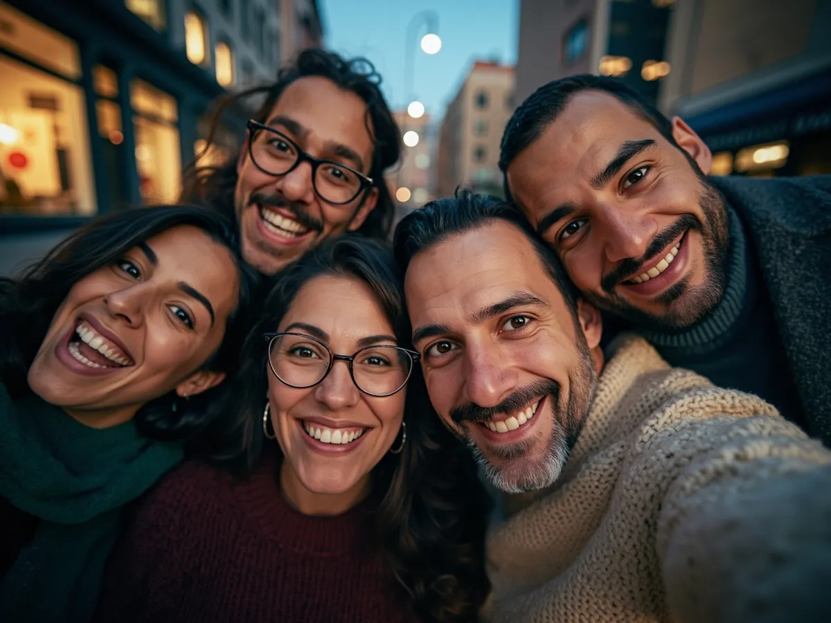 Computer-generated image: four friends laughing together in a group photo on a quest day out