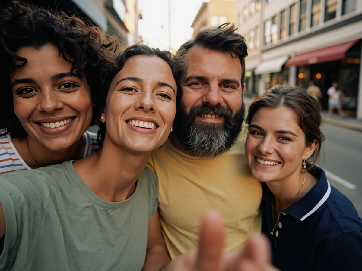 Computer-generated image: four friends laughing together in a group photo on a quest day out