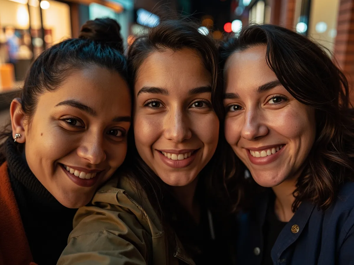 Computer-generated image: three friends laughing together in a group photo on a quest day out