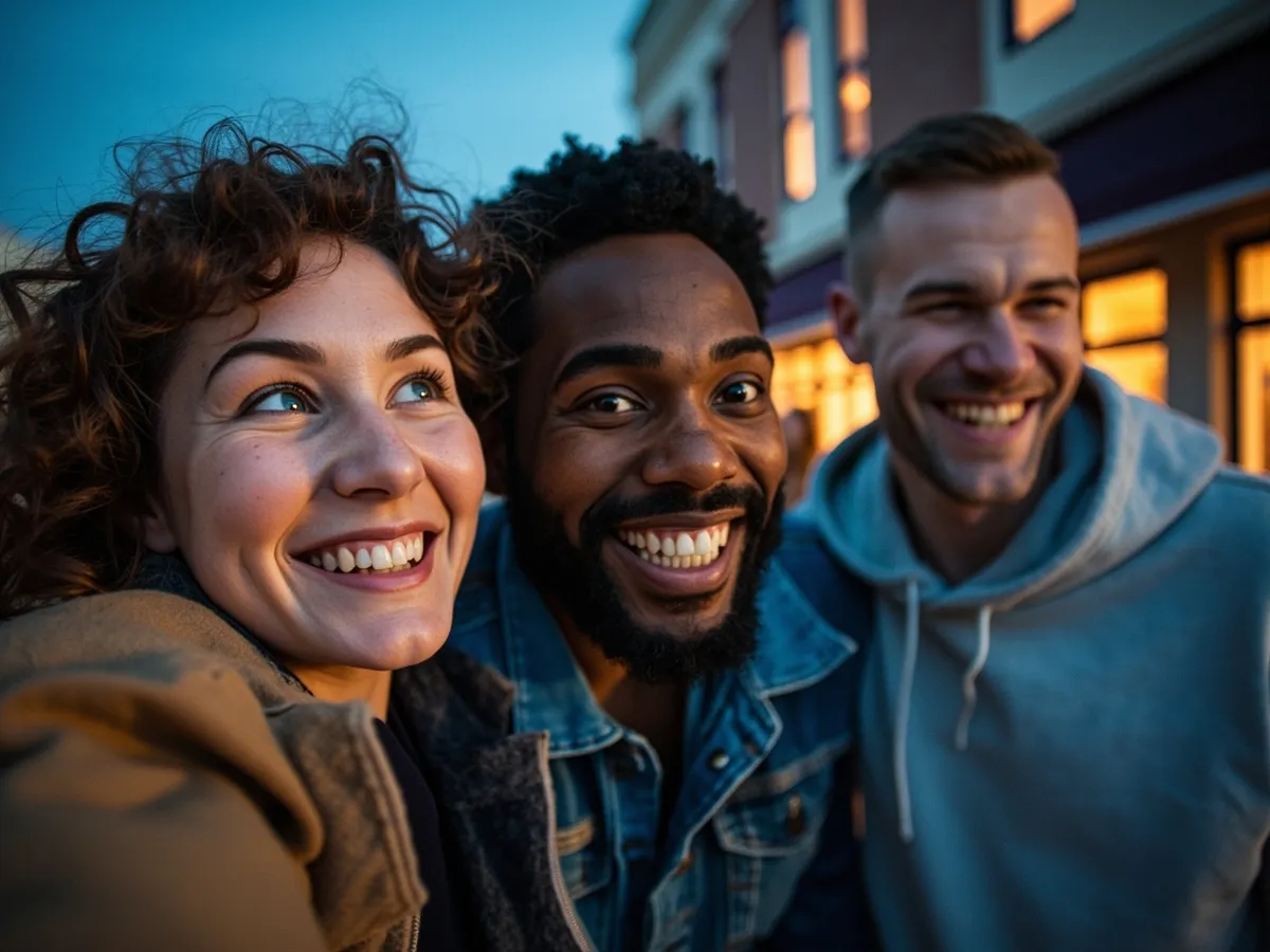 Computer-generated image: three friends laughing together in a group photo on a quest day out