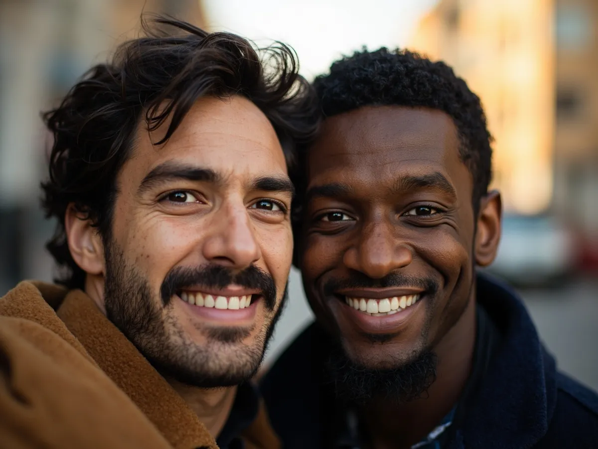 Computer-generated image: two friends laughing together in a group photo on a quest day out