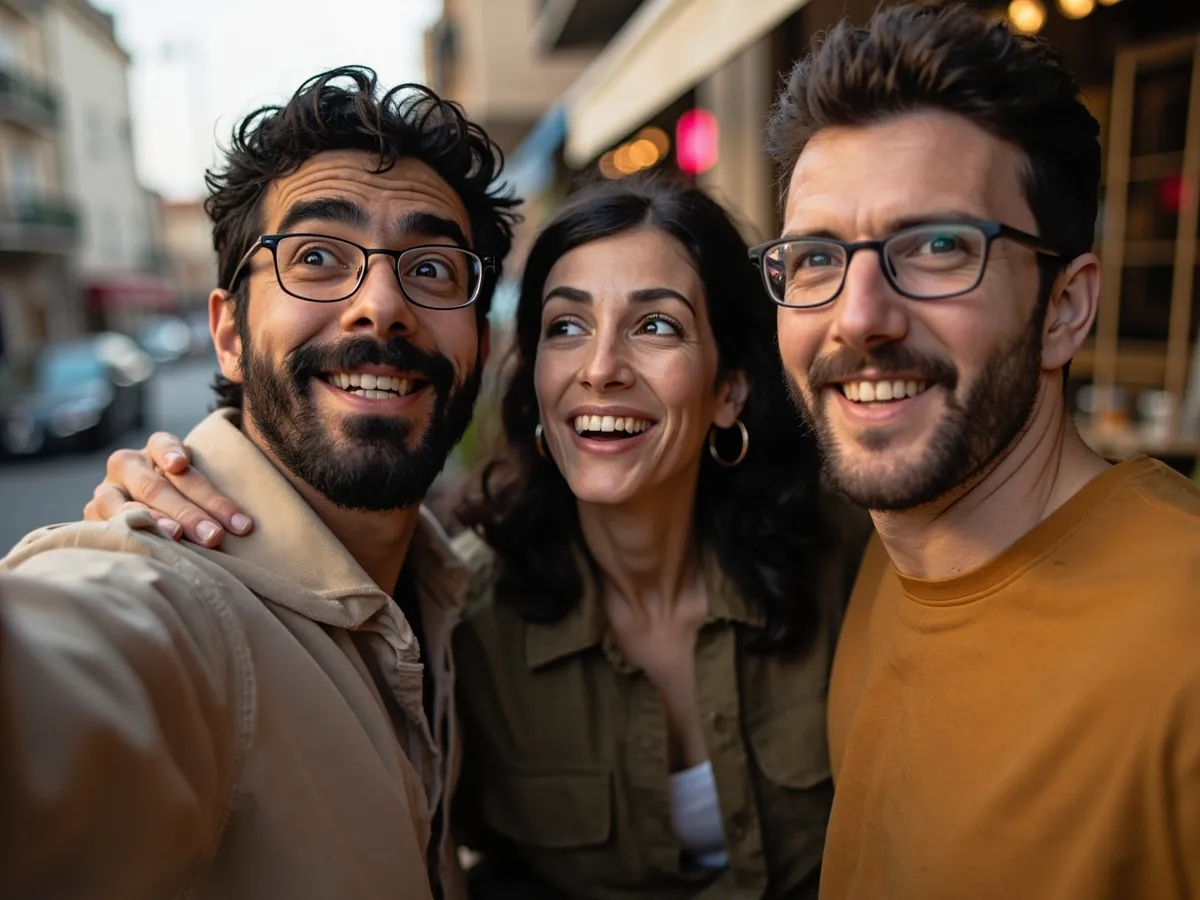 Computer-generated image: three friends laughing together in a group photo on a quest day out