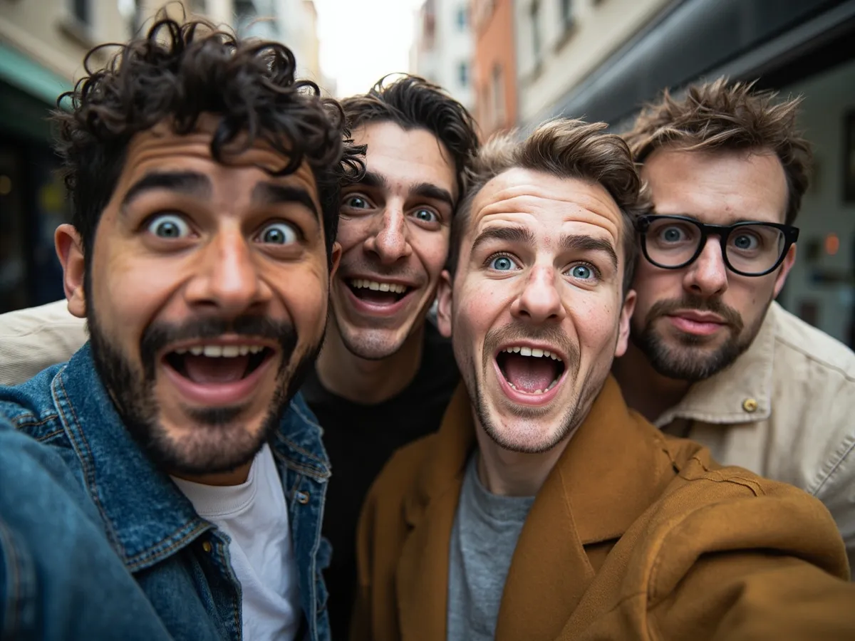 Computer-generated image: four friends laughing together in a group photo on a quest day out