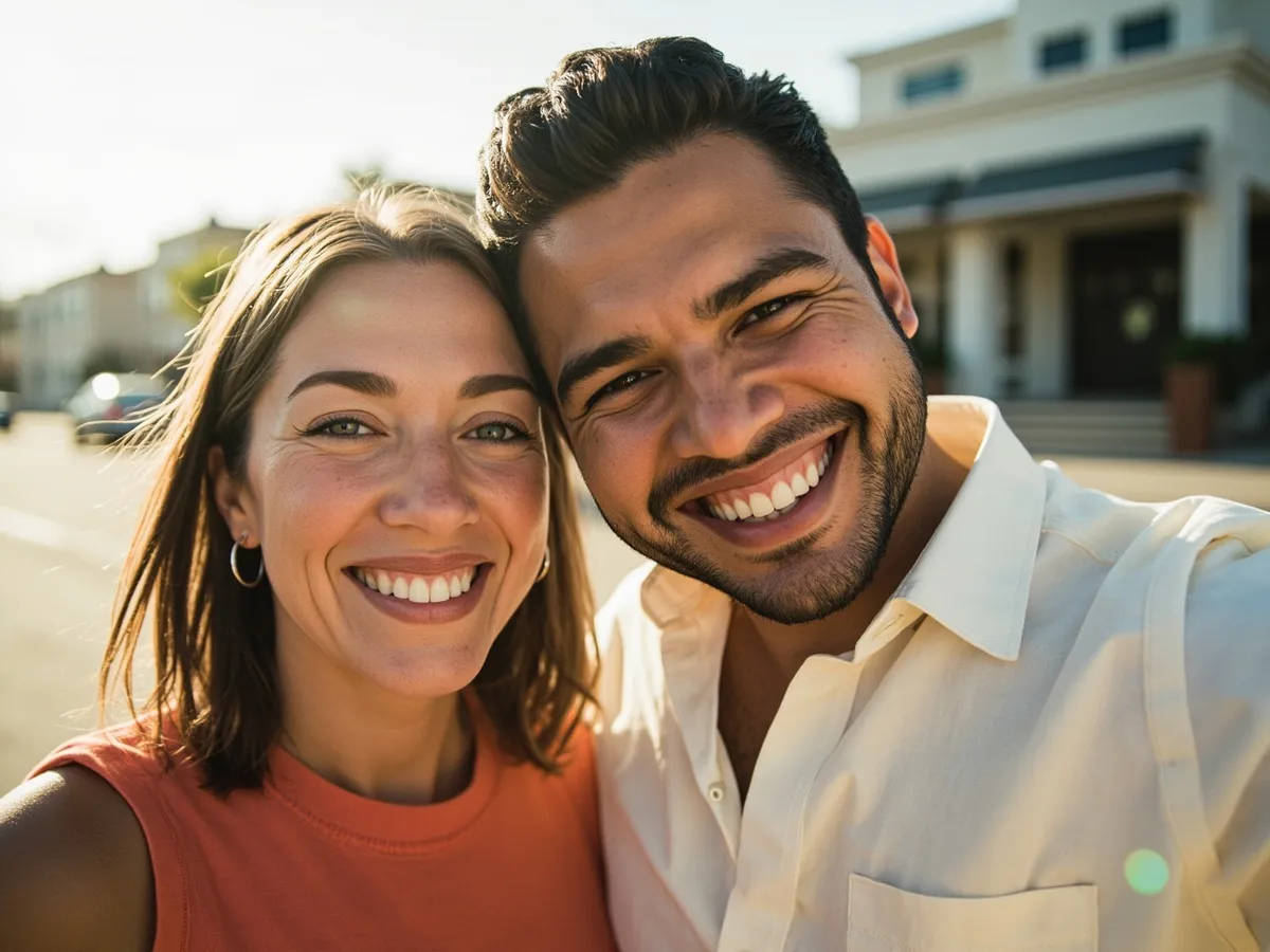 Computer-generated image: two friends laughing together in a group photo on a quest day out