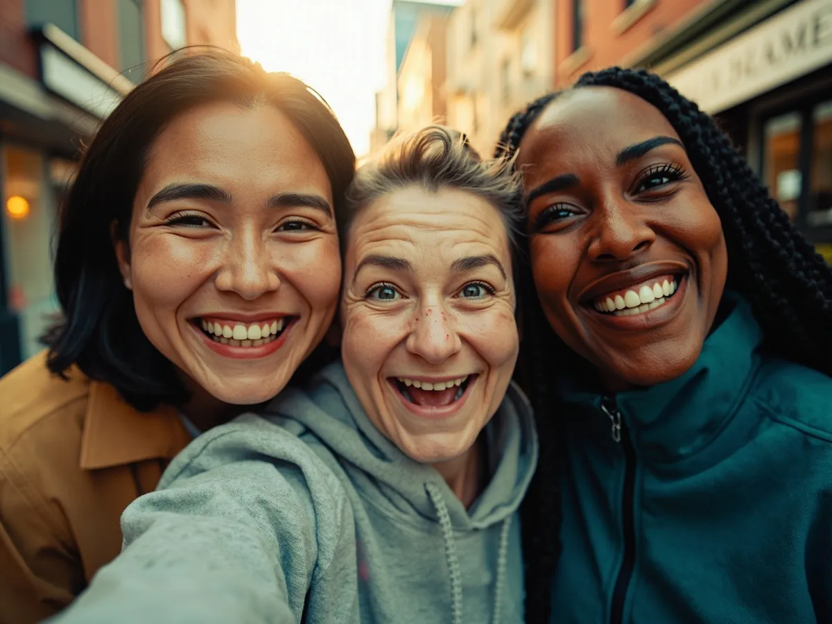 Computer-generated image: three friends laughing together in a group photo on a quest day out
