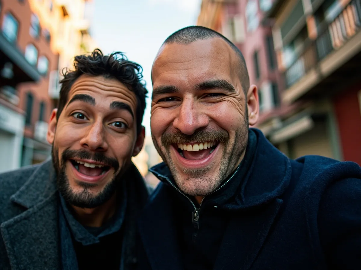Computer-generated image: two friends laughing together in a group photo on a quest day out