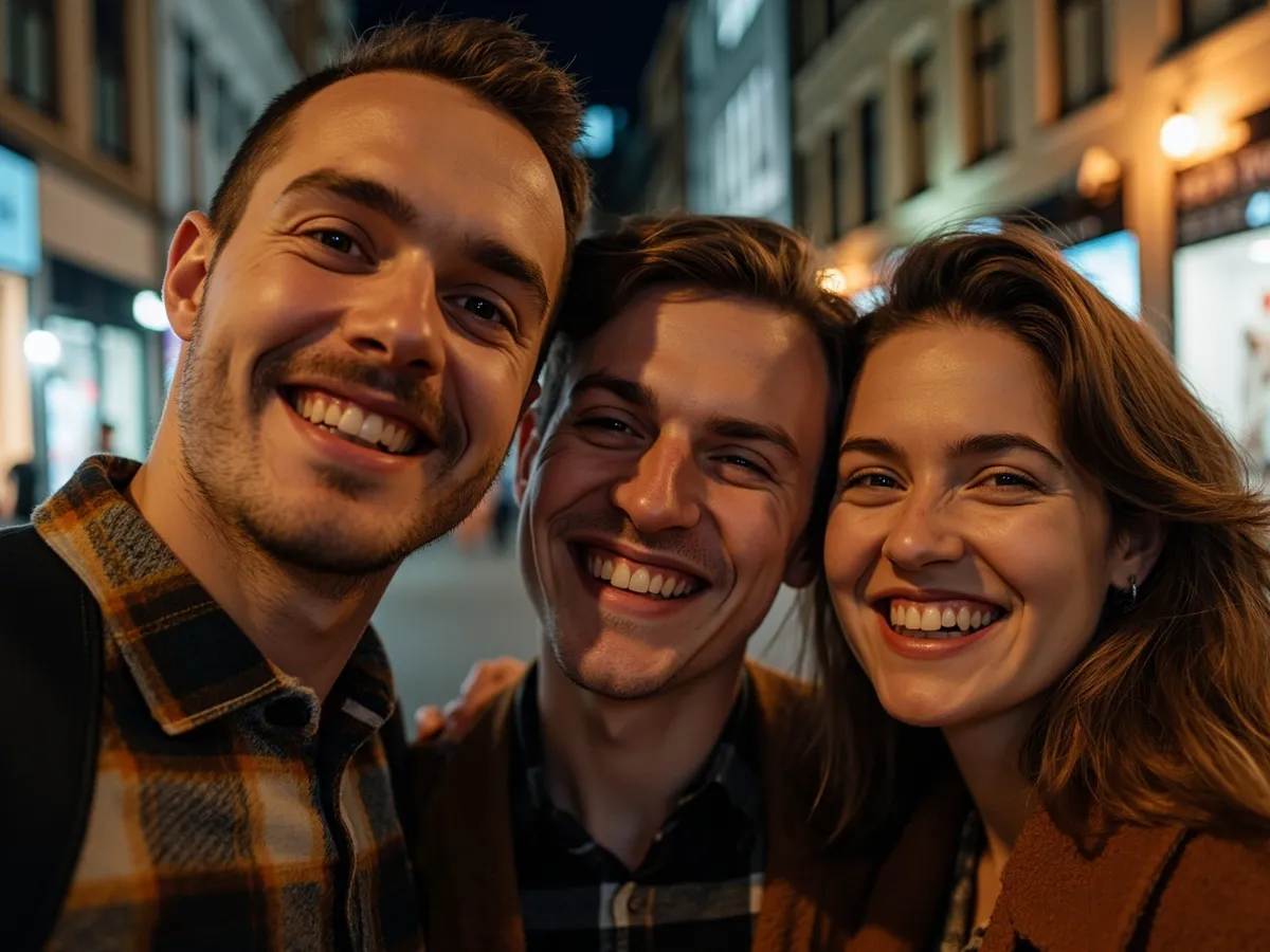 Computer-generated image: three friends laughing together in a group photo on a quest day out
