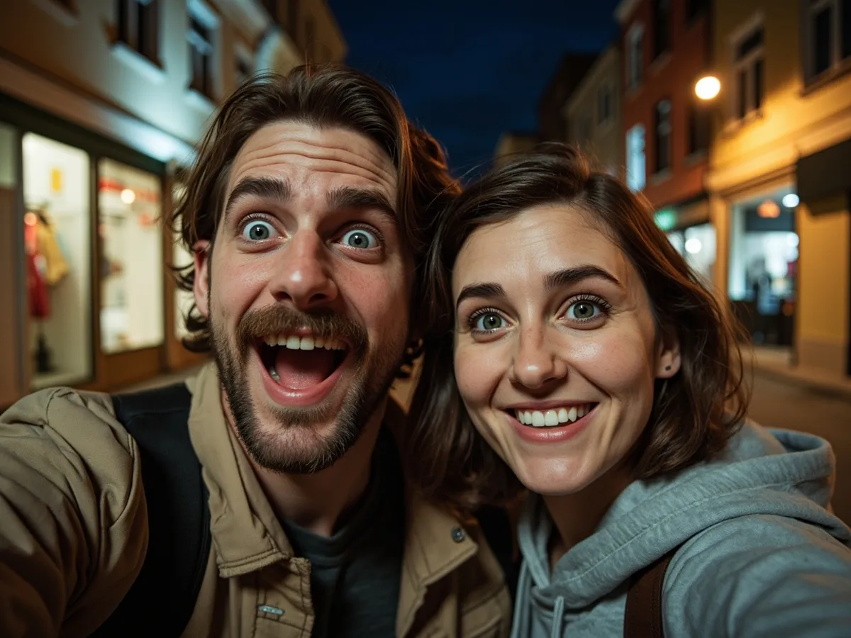 Computer-generated image: two friends laughing together in a group photo on a quest day out