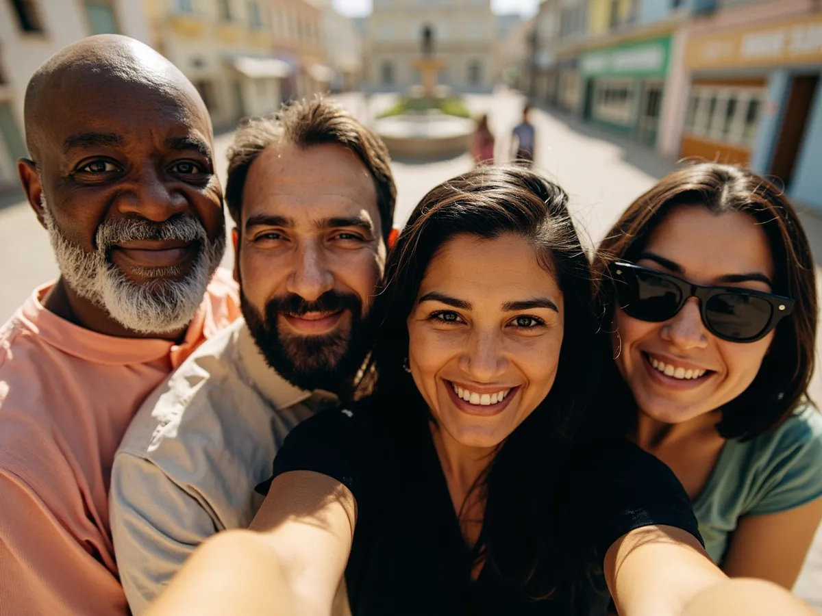 Computer-generated image: four friends laughing together in a group photo on a quest day out