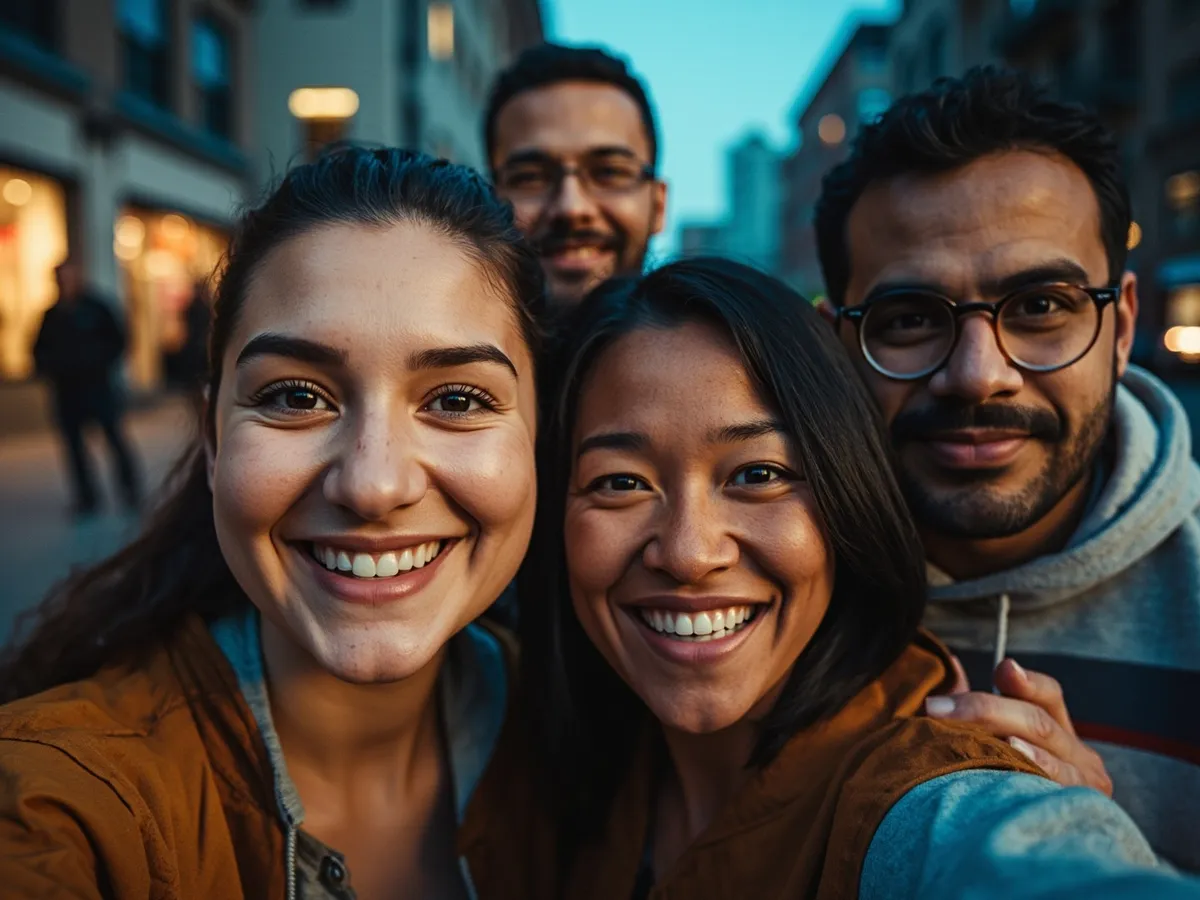 Computer-generated image: four friends laughing together in a group photo on a quest day out