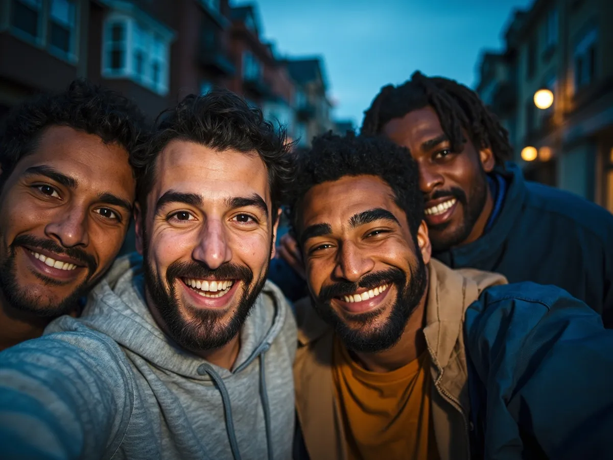 Computer-generated image: four friends laughing together in a group photo on a quest day out