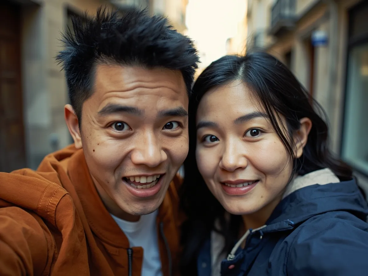 Computer-generated image: two friends laughing together in a group photo on a quest day out