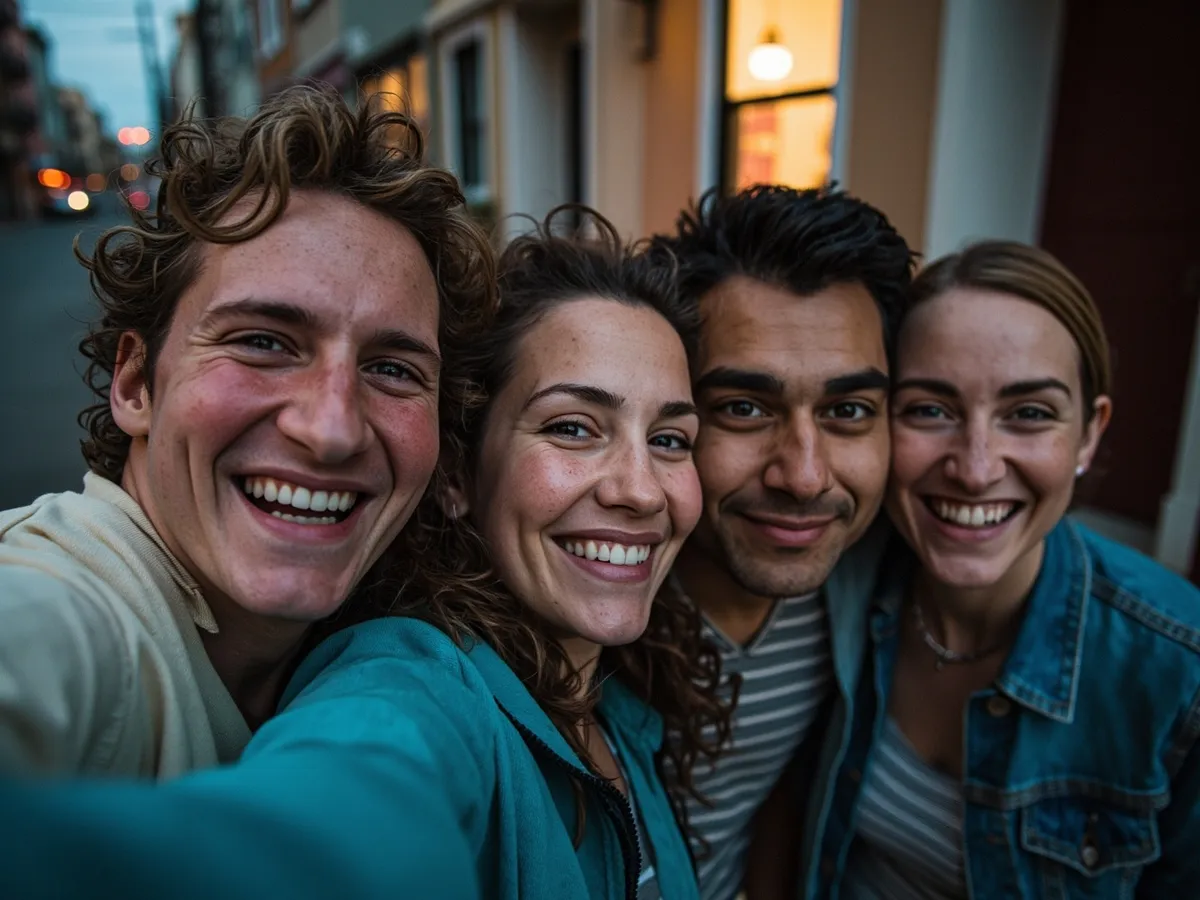 Computer-generated image: four friends laughing together in a group photo on a quest day out
