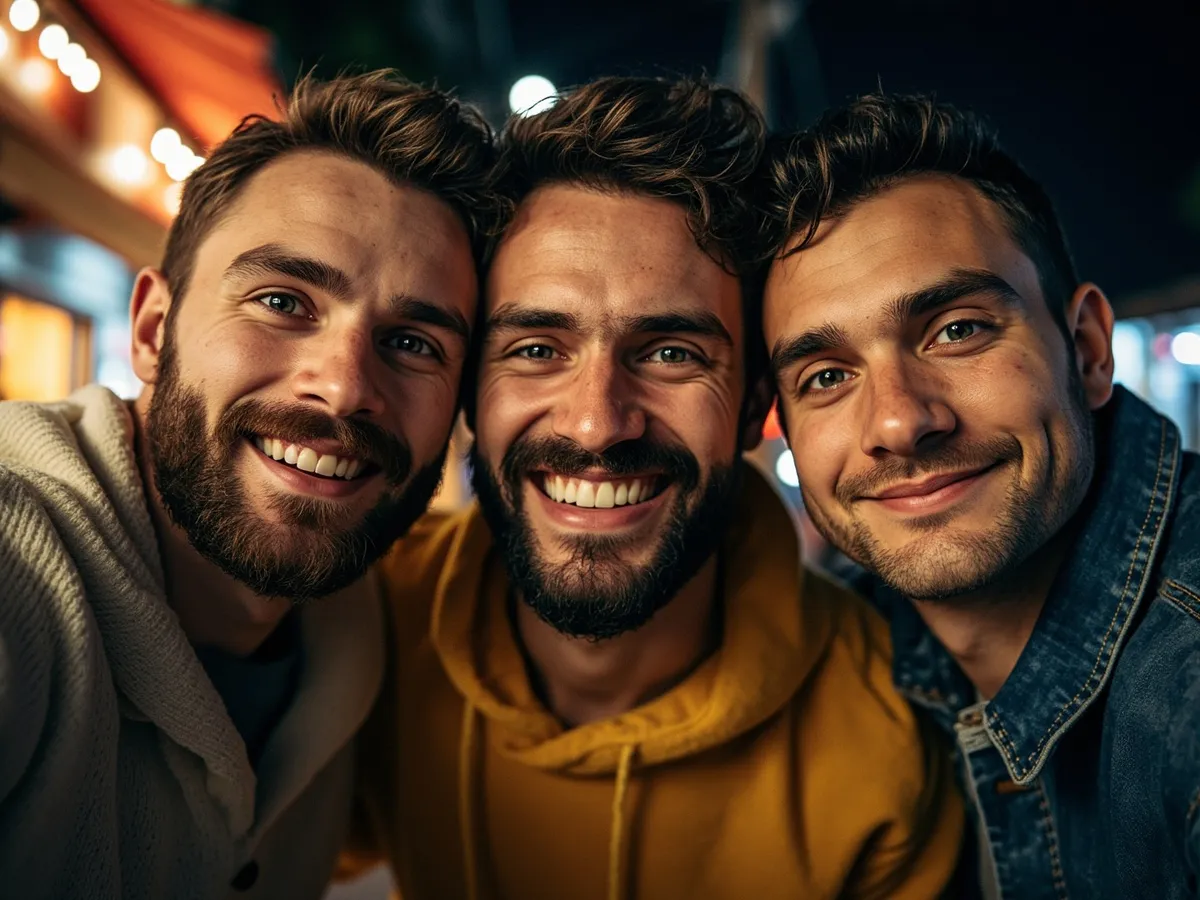 Computer-generated image: three friends laughing together in a group photo on a quest day out
