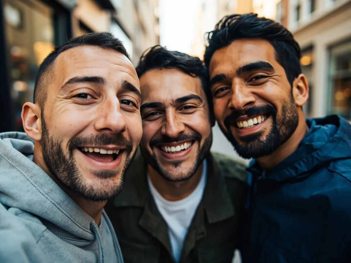 Computer-generated image: three friends laughing together in a group photo on a quest day out