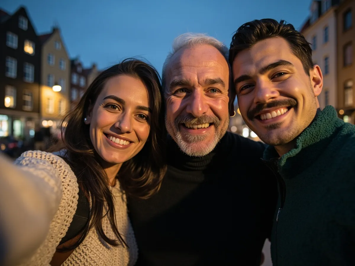 Computer-generated image: three friends laughing together in a group photo on a quest day out